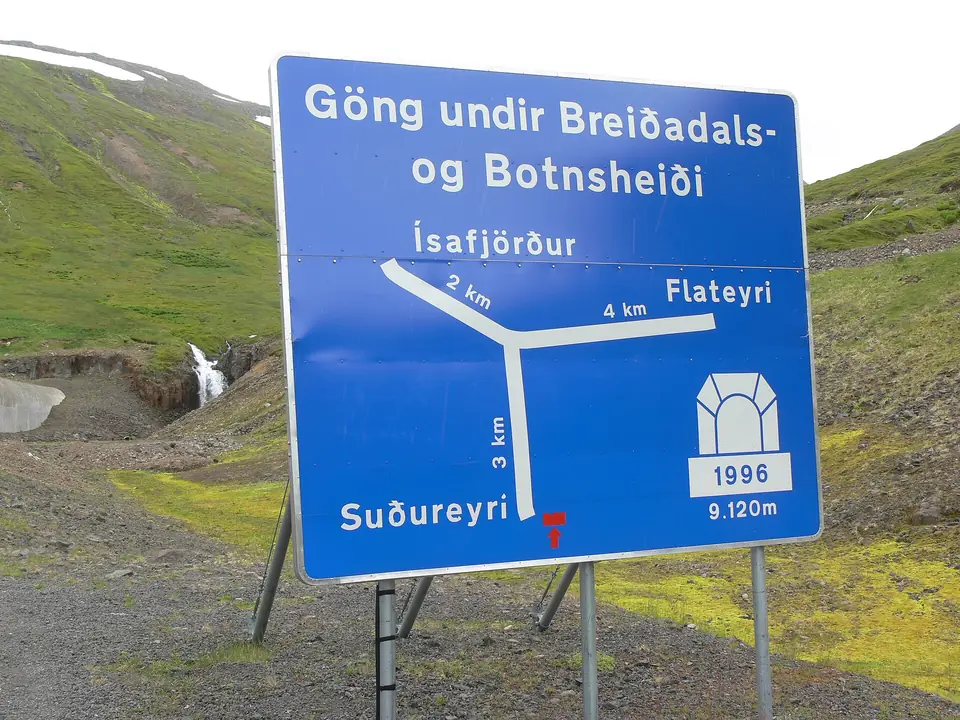 Het bord bij de tunnelsplitsing in de Vestfjarðagöng: Ísafjörður, Flateyri en Suðureyri